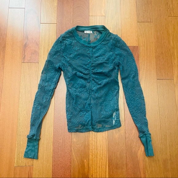 Intimately Free People Teal Lace Long Sleeve Ruched Top - Picture 2 of 3